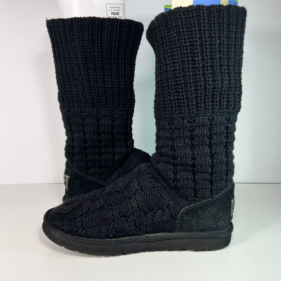 UGG Australia Boots Women's Sz 7 Black Gray Buttons Foldover Cable Knit - Picture 9 of 16